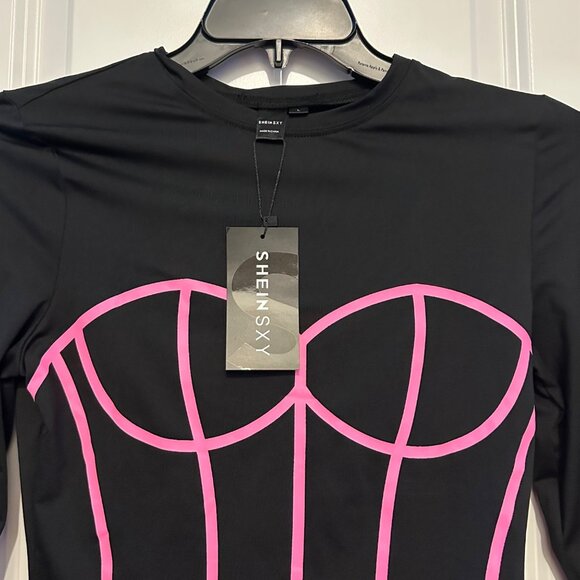 Shein Sxy Black Long-Sleeve Corset-Style Top With Pink Contrast Bustier Detail S - Picture 7 of 7